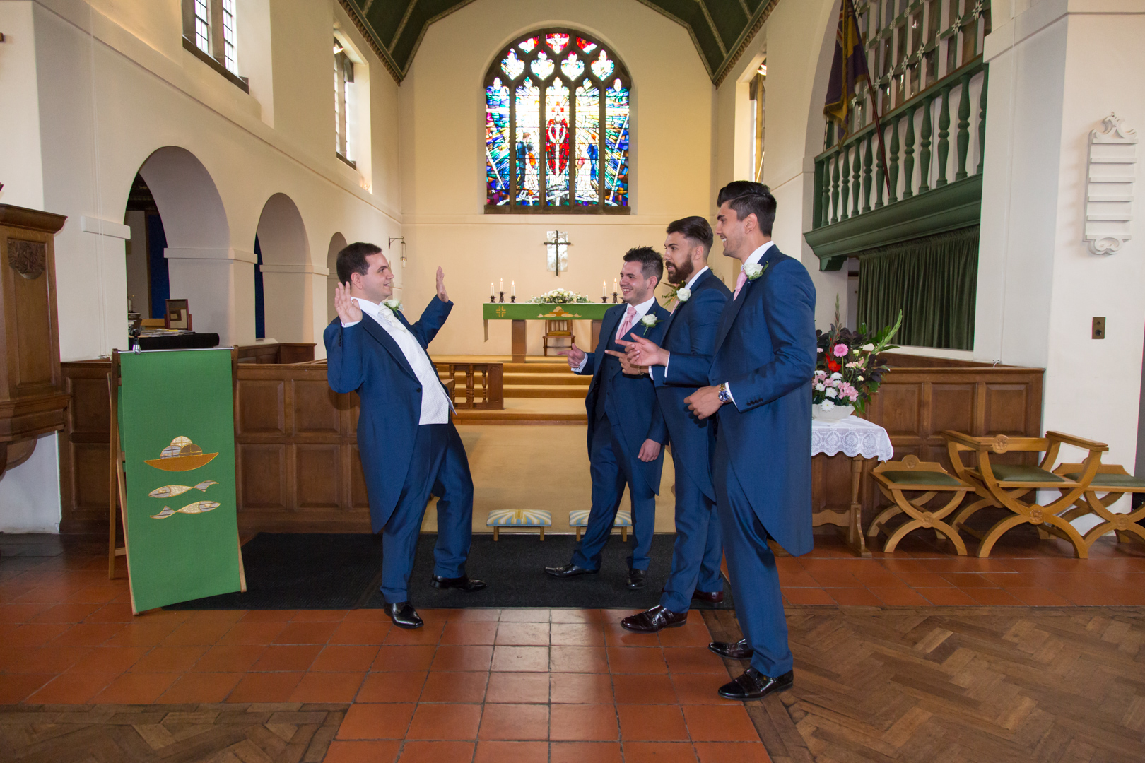 The Groom & Groomsmen photographed at St Lawrence's Church, Eastcote, Pinner Middlesex by Tim Durham of Pinner Wedding Photograph